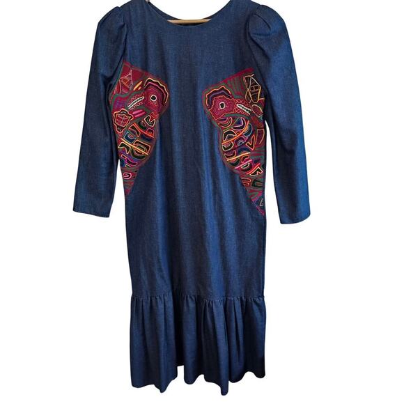 Vintage Dresses & Skirts - Vintage Denim Dress Womens Large Blue Embroidered Colorful Pleated Ruffles Boho